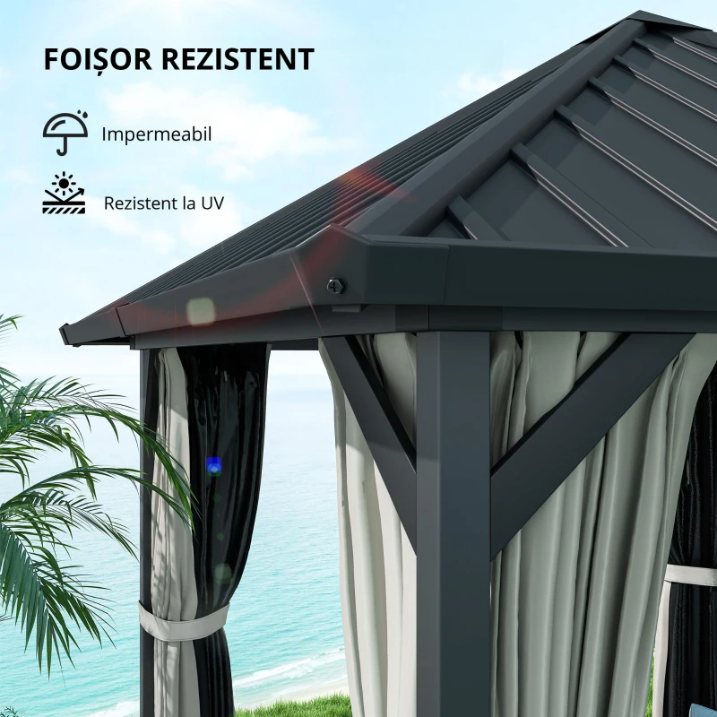 Outsunny Pavilion cu acoperiș solid 3 x 3 m, pavilion de grădină cu acoperiș metalic, cort de grădină impermeabil cu plasă și pereți laterali, Gri închis