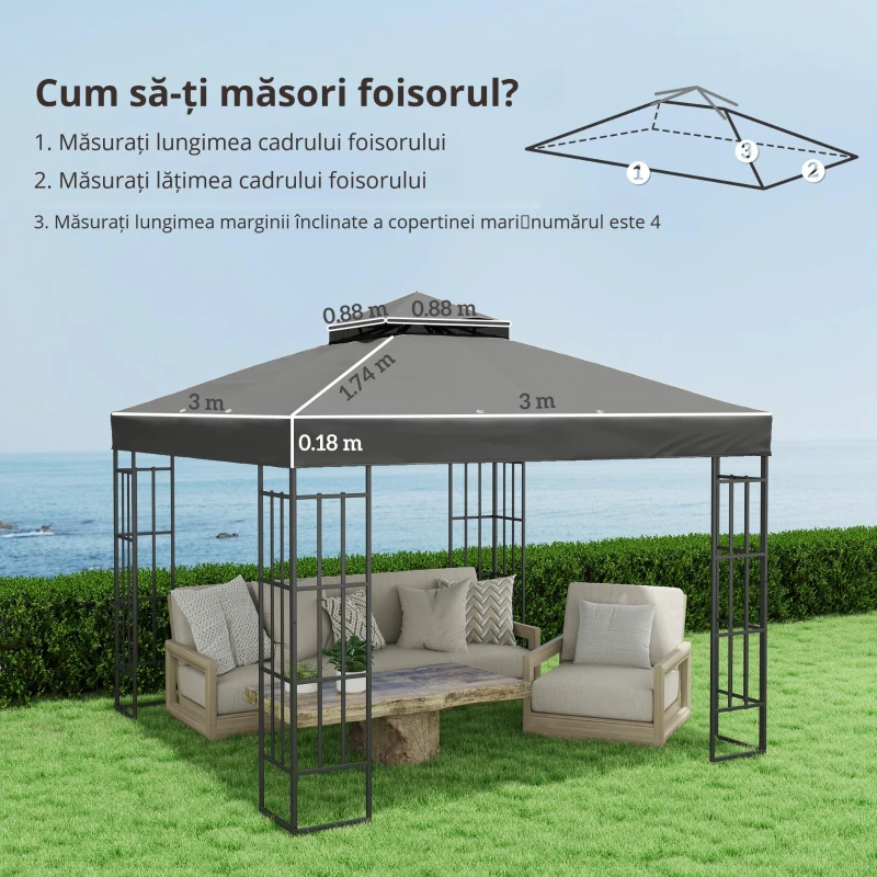 Outsunny Husă de schimb pentru pavilion 3 x 3 m, prelată de schimb pentru pavilion cu orificii de scurgere a apei, UPF30+, protecție solară, gri închis