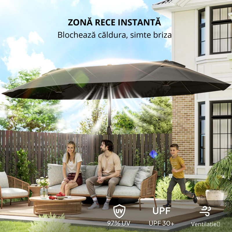 Outsunny Umbrelă de grădină exterioară, umbrelă dublă rectangulară 4,6L x 2,7l x 2,4H m cu deschidere și închidere cu manivelă, saci de greutate și bază incluse, pentru balcon, piscină, gri