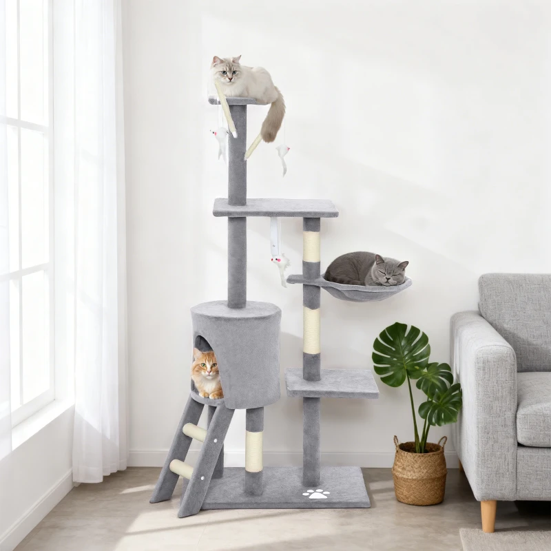 PawHut Kratzbaum Katzenbaum mit Höhle, 4 Spielzeuge, Sisalstämme, große Plattform, Treppe, für Katzen unter 5 kg, Grau