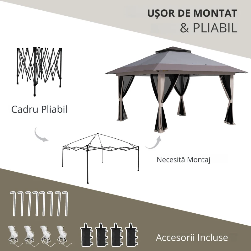 Outsunny Cort pliabil pop-up cu înălțime reglabilă Protecție UV50+ dublu acoperiș și plasă anti-țânțari 4x4x2,8 m gri deschis