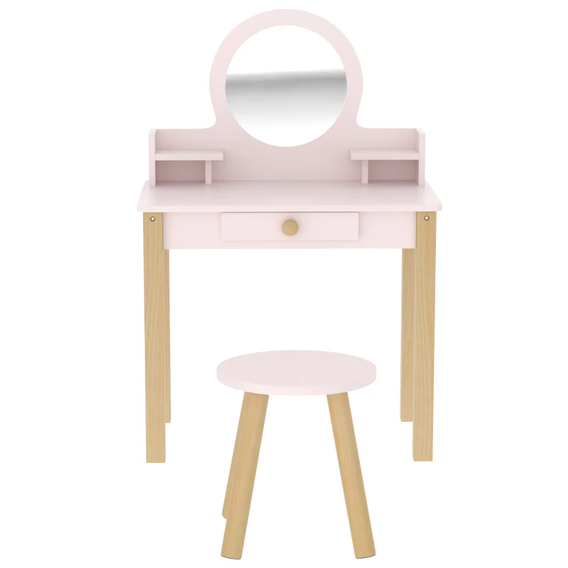 AIYAPLAY Coiffeuse enfant en bois avec miroir et tabouret, table de maquillage enfant avec tiroir et étagère, 3 à 6 ans, rose