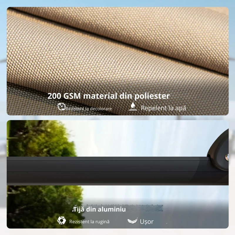 Outsunny Parasol cu braț lateral pătrat parasol de grădină exterior bază și plăci de umplere stâlp aluminiu protecție UV50+2,4x2,4m kaki