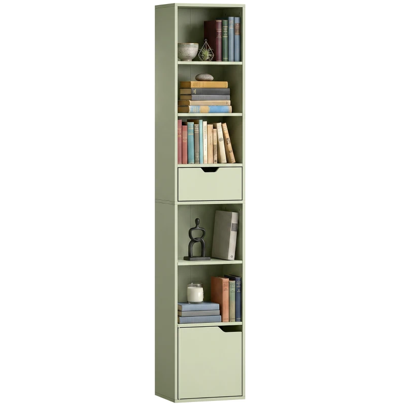 HOMCOM 6-Tier Bookcase, Tall Narrow Bookshelf with Drawer and Door - Green