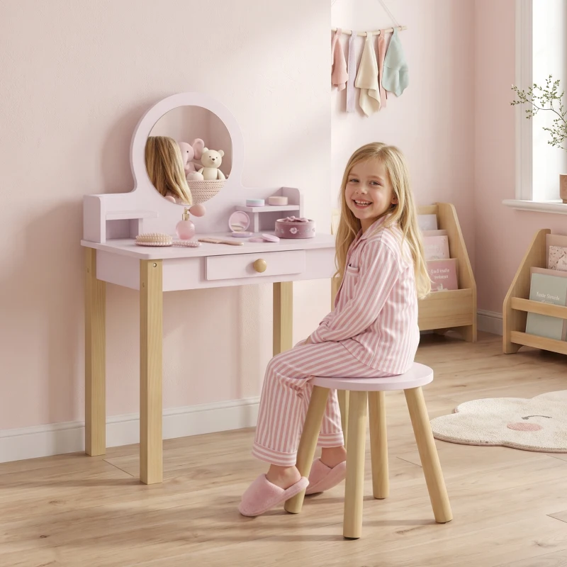 AIYAPLAY Coiffeuse enfant en bois avec miroir et tabouret, table de maquillage enfant avec tiroir et étagère, 3 à 6 ans, rose