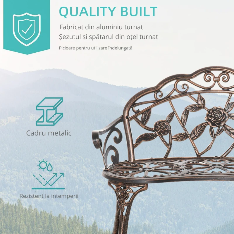 Outsunny Bancă de grădină 2 locuri din metal, bancă în stil retro, bancă de parc cu model floral 100 x 54 x 78 cm, Bronz