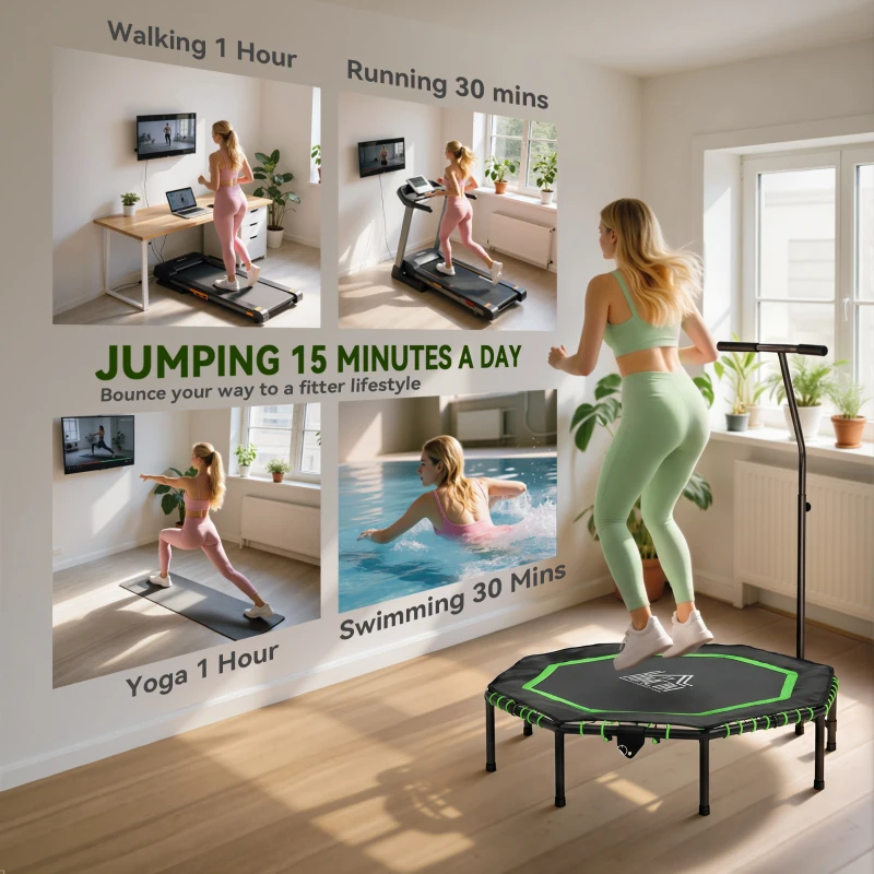 HOMCOM 48" Octagonal Mini Fitness Rebounder Trampoline Indoor Outdoor Foldable Mini Jumper with Adjustable Handle, Green