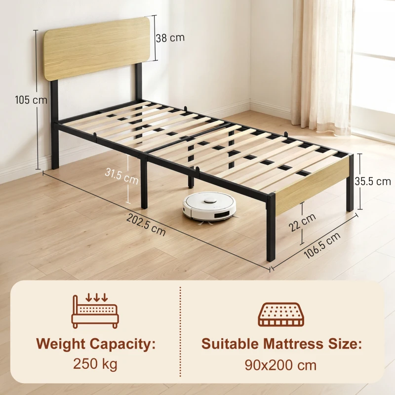 HOMCOM Cadru de pat 90 x 200 cm cu tăblie și panou la picioare, pat platformă, bază pentru saltea cu spațiu de depozitare sub pat