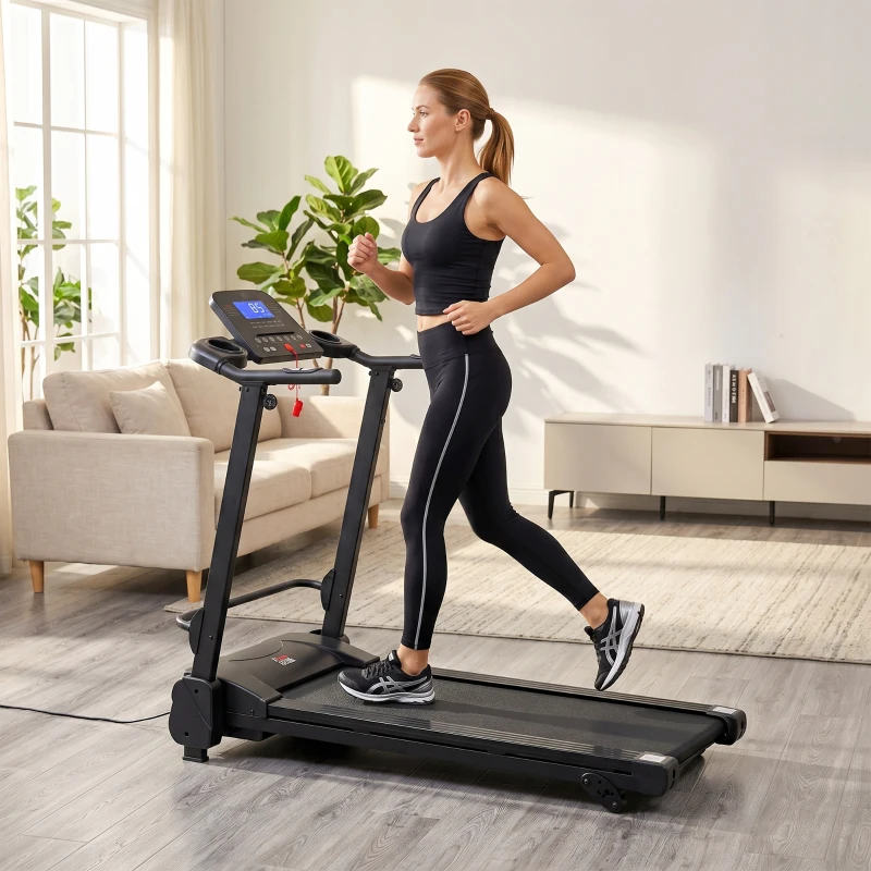 HOMCOM Tapis Roulant Elettrico Pieghevole Salvaspazio, Velocità 14km/h, Monitor LCD 5 Programmi e Presa USB, per Casa e Ufficio, Motore 750W, Nero