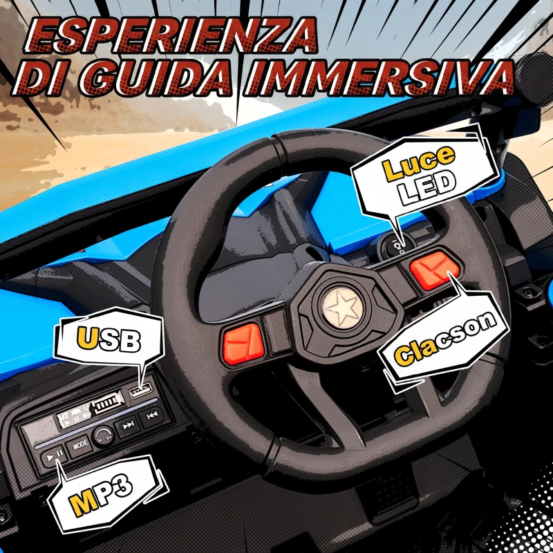 AIYAPLAY Macchina Elettrica per Bambini UTV 12V con Cintura, Telecomando, Sospensioni, USB, 3-7 km/h, 3-5 Anni, Blu