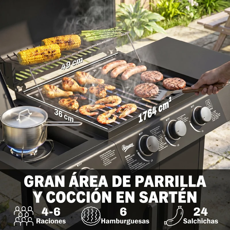 Outsunny Barbacoa de Gas BBQ con 3+1 Quemadores 11,6 KW 2 Mesas Laterales Armario de 2 Puertas Termómetro y 2 Ruedas Acero Inoxidable 110x50x100 cm Negro