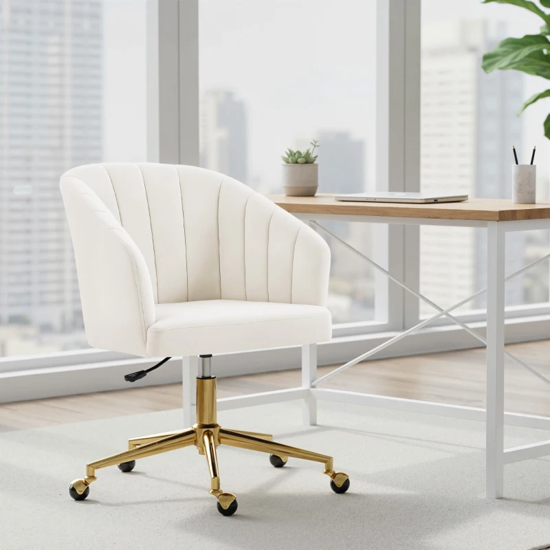 HOMCOM Cadeira de Escritório com Rodas Assento Acolchoado de Veludo Largura Ajustável Espuma de Alta Resiliência 61x60x83,5-92,5 cm Creme