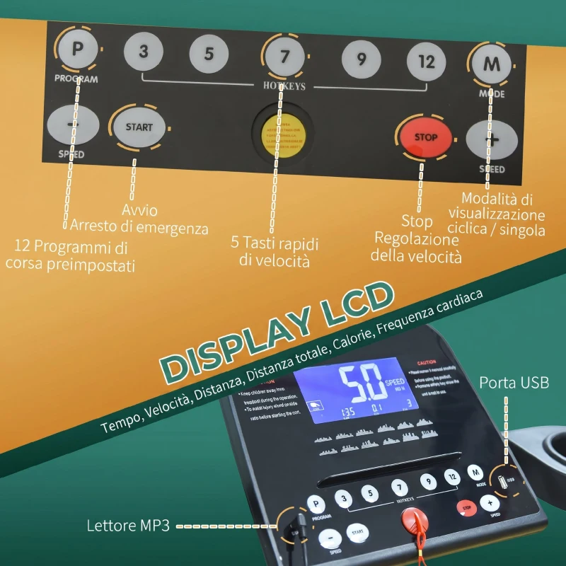 HOMCOM Tapis Roulant Elettrico Pieghevole Salvaspazio, Velocità 14km/h, Monitor LCD 5 Programmi e Presa USB, per Casa e Ufficio, Motore 750W, Nero