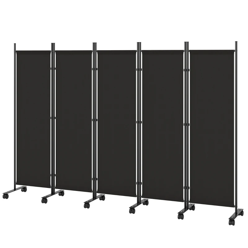 Outsunny Biombo Dobrável de 5 Painéis com 12 Rodas 252x170 cm Biombo Separador de Ambientes Preto