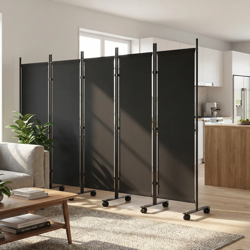 Outsunny Biombo Dobrável de 5 Painéis com 12 Rodas 252x170 cm Biombo Separador de Ambientes Preto