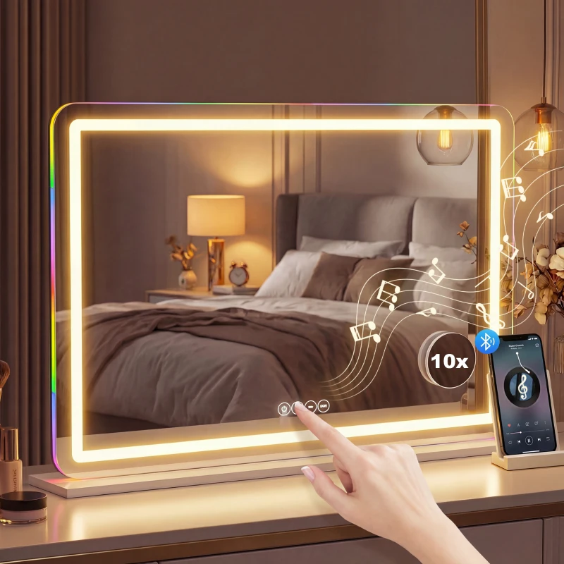 HOMCOM Miroir maquillage lumineux 80x60cm, miroir coiffeuse LED dimmable, lumière RGB, 3 températures de couleur, blanc