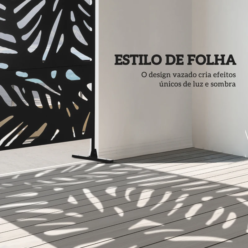 Outsunny Biombo de 3 Painéis 122x198 cm Biombo Separador de Ambientes com Suporte Design de Folhas Preto