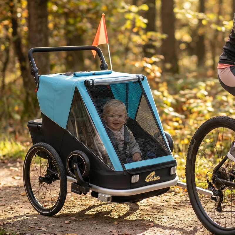 AIYAPLAY Reboque de bicicleta para crianças, 2 lugares, reboque infantil 2-em-1 dobrável com assento e cintos ajustáveis, Azul