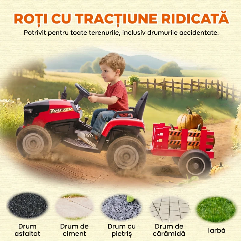 AIYAPLAY 2 în 1 Tractor Electric pentru Copii 3-8 Ani cu Remorcă Detașabilă, Telecomandă, Muzică, Lumini, Roșu