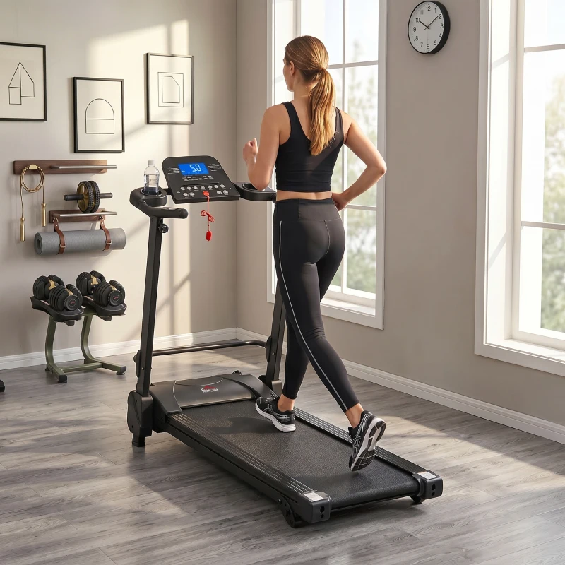 HOMCOM Tapis Roulant Elettrico Pieghevole Salvaspazio, Velocità 14km/h, Monitor LCD 5 Programmi e Presa USB, per Casa e Ufficio, Motore 750W, Nero