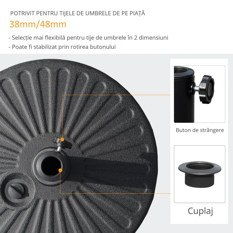 Outsunny Baza pentru Umbrela de Gradina cu Stalp Central Φ3.8cm si 4.8cm, Soclu pentru Umbrela care se Umple cu Apa sau Nisip, Negru