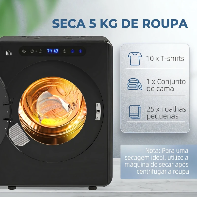 HOMCOM Máquina de Secar Roupa 3 KG 1000W Função Anti-Rugas Esterilizar Temporizador Ecrã LED Tátil Preto