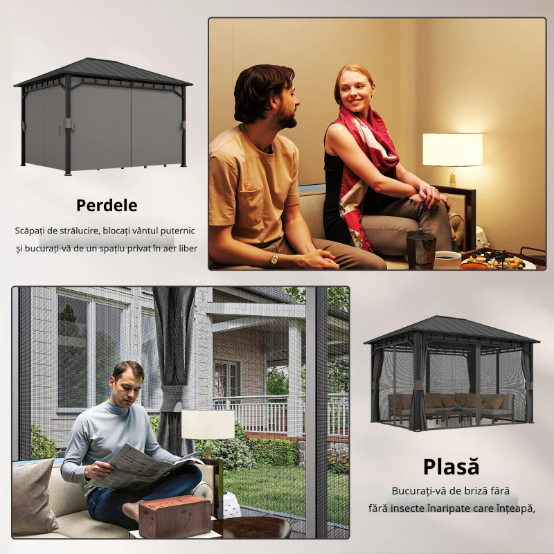 Outsunny Pavilion de grădină, pavilion metalic, impermeabil, rezistent la UV, pavilion pentru terasă cu pereți din plasă și perdele, gri închis