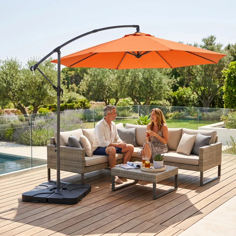Outsunny 3m Overhanging Parasol, with Base, Weights and Cover - Orange