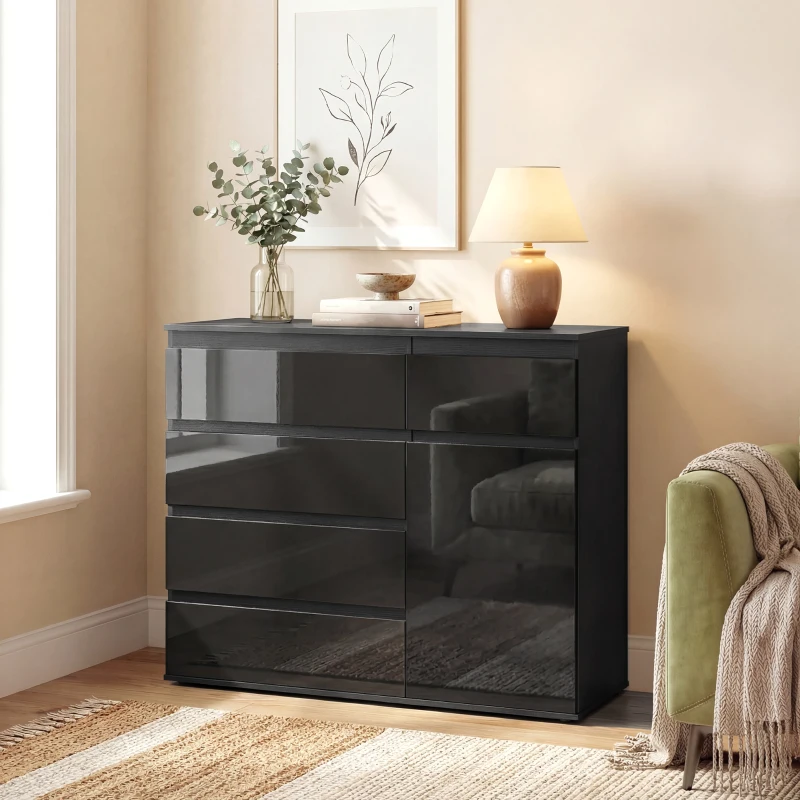 HOMCOM Modernes Sideboard, Stauraum-Sideboard mit 5 Schubladen, verstellbarem Regal, Soft-Close-Tür, Schwarz Hochglanz