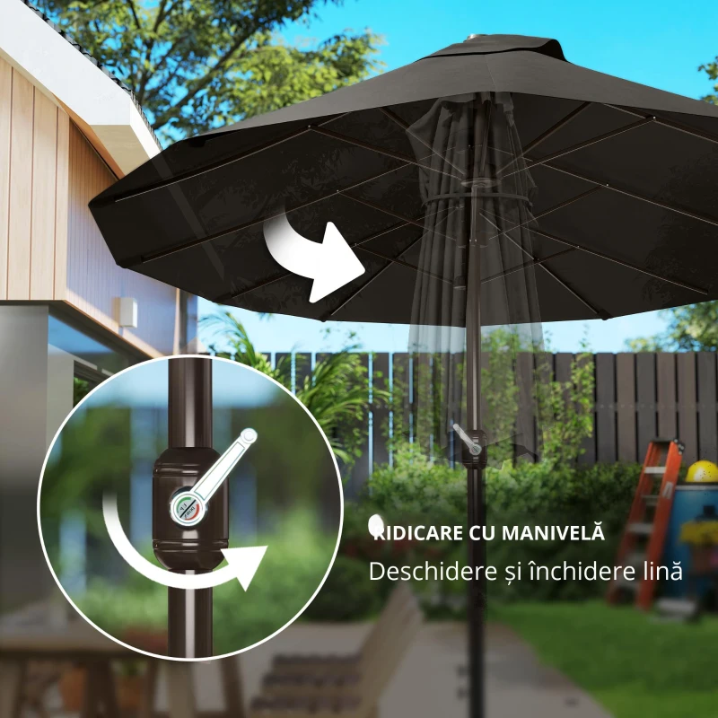 Outsunny Umbrelă de grădină exterioară, umbrelă dublă rectangulară 4,6L x 2,7l x 2,4H m cu deschidere și închidere cu manivelă, saci de greutate și bază incluse, pentru balcon, piscină, gri