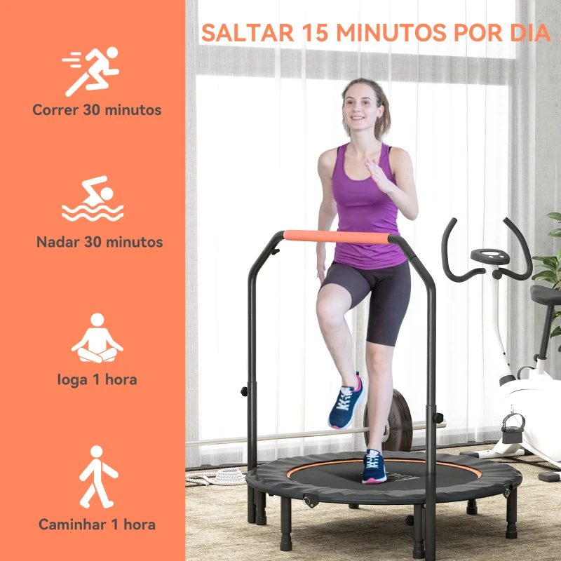 HOMCOM Trampolim Fitness Ø114 Trampolim Dobrável com Pega Ajustável em 4 Níveis Estrutura de Aço Preto e Laranja