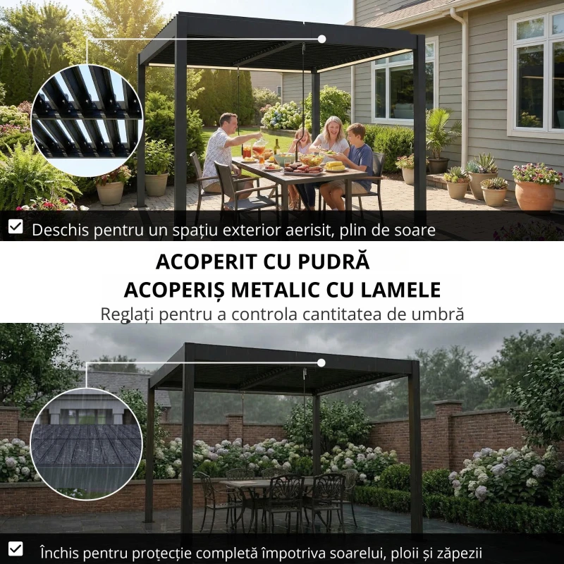 Outsunny Pergolă 3x3 m acoperiș terasă din aluminiu cu iluminare LED, telecomandă, acoperiș cu lamele reglabil