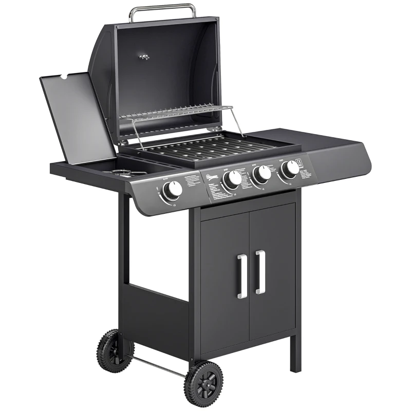 Outsunny Barbacoa de Gas BBQ con 3+1 Quemadores 11,6 KW 2 Mesas Laterales Armario de 2 Puertas Termómetro y 2 Ruedas Acero Inoxidable 110x50x100 cm Negro