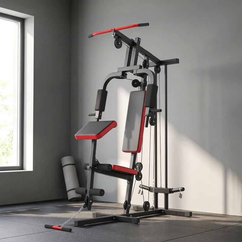 SPORTNOW Station de Musculation Multifonction à Disques Libres, avec Banc Amovible, 136x107x205cm, Noir et Rouge