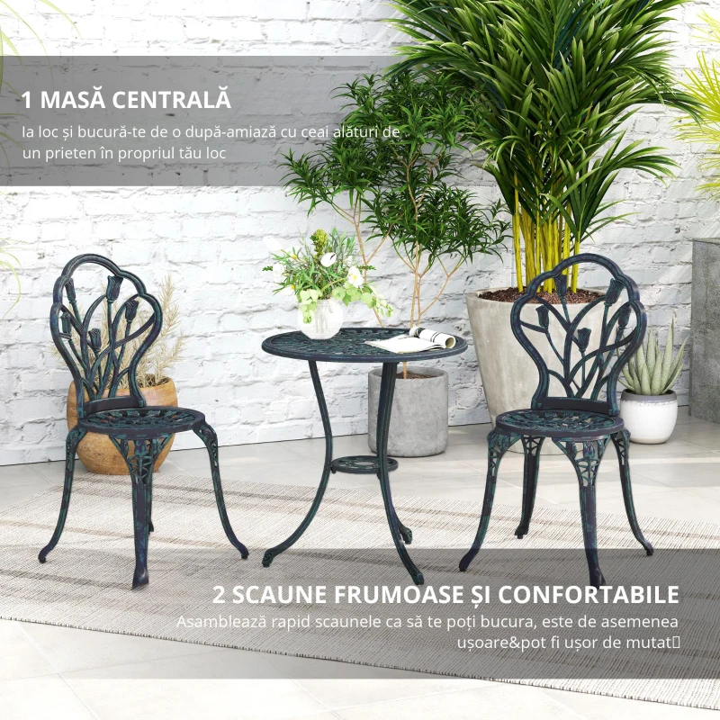 Outsunny Set Mobilier de Grădină 2 Locuri 2 Scaune + Masă Rotundă Fontă de Aluminiu Imitație Fier Forjat Verde