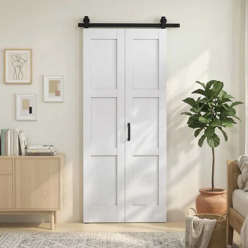 HOMCOM Porta Deslizante Dobrável com Ferragens 91,4x213,4 cm com Roldana Trilho de Aço Guia de Piso Puxador Branco