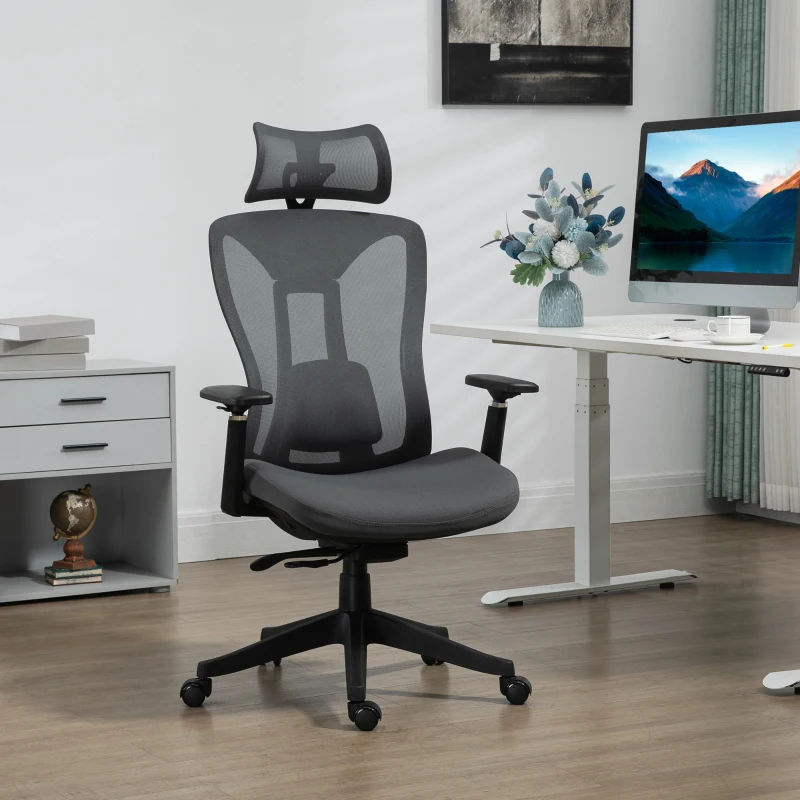 Vinsetto Silla de Escritorio de Malla con Reposacabezas Ajustable Soporte Lumbar y Reposabrazos 3D 70x66x128 cm Gris