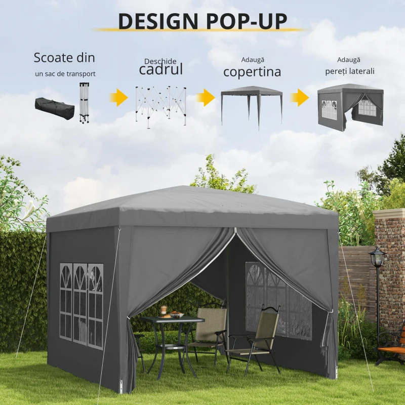Outsunny Pavilion de Exterior 3x3 m Pliabil cu 4 Panouri Laterale, din Oțel și Material Oxford Gri