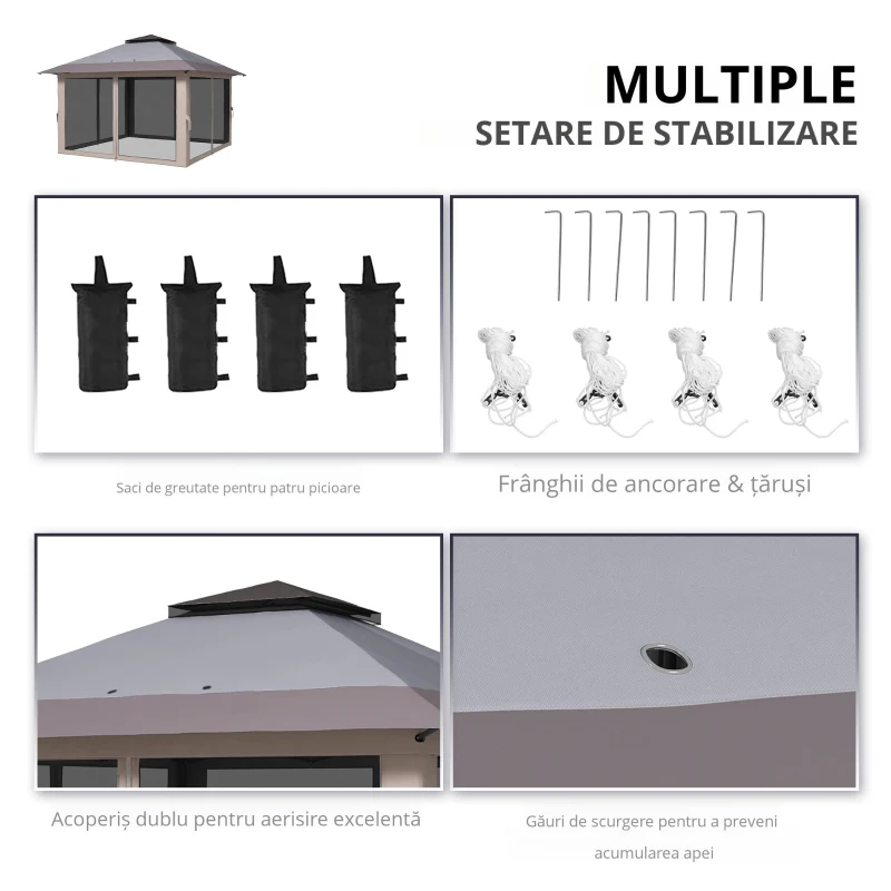 Outsunny Cort pliabil pop-up cu înălțime reglabilă Protecție UV50+ dublu acoperiș și plasă anti-țânțari 4x4x2,8 m gri deschis