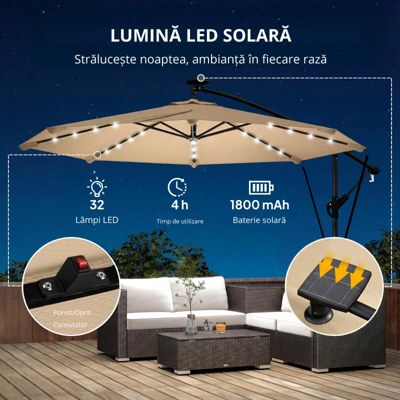 Outsunny Umbrelă de Grădină Suspendată cu LED-uri Solare, 3x3m, Bej