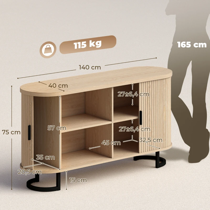 HOMCOM Buffet salon, meuble de rangement ovale avec 2 portes coulissantes et étagères réglables, 140x40x75cm, bois naturel