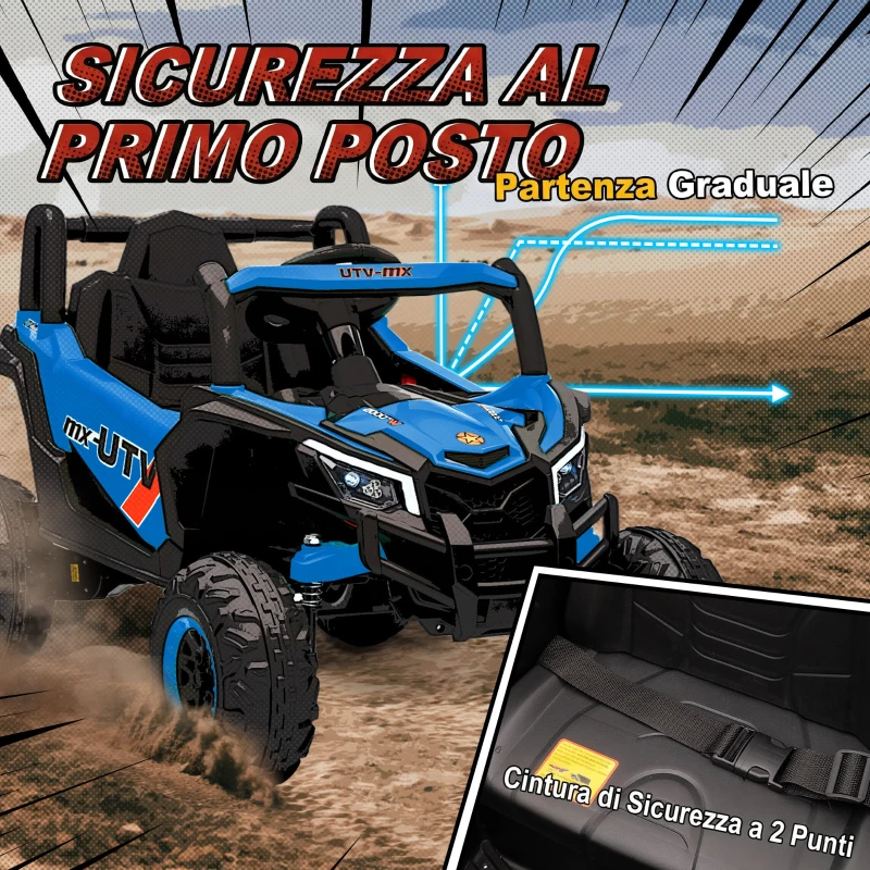 AIYAPLAY Macchina Elettrica per Bambini UTV 12V con Cintura, Telecomando, Sospensioni, USB, 3-7 km/h, 3-5 Anni, Blu