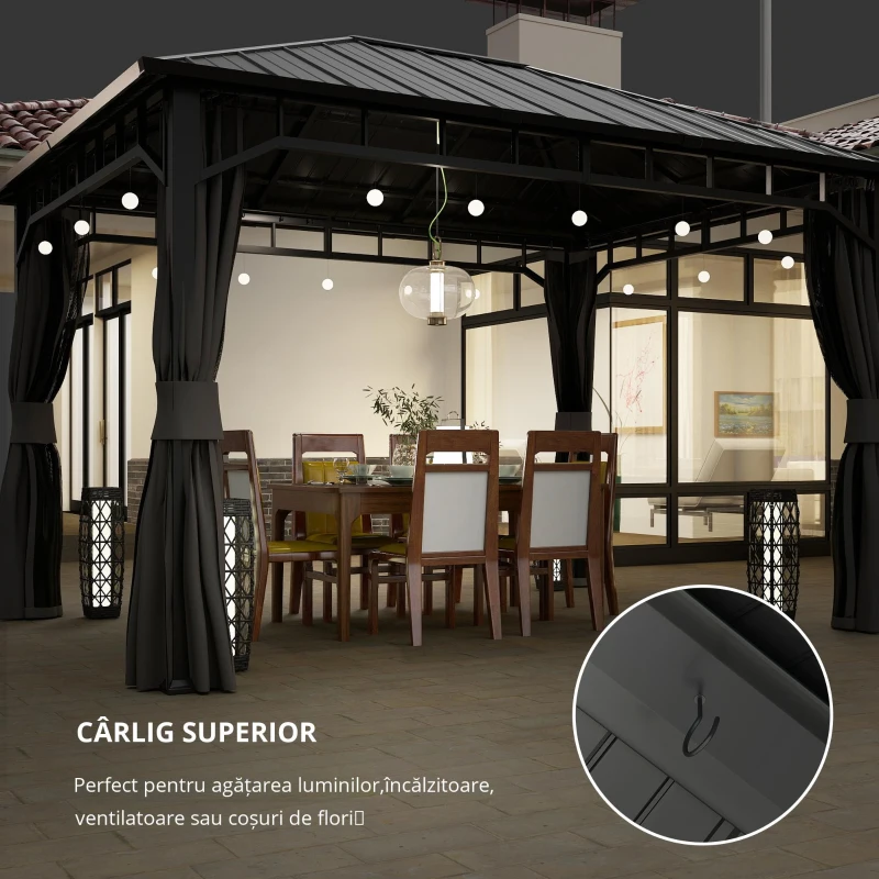 Outsunny Pavilion de grădină, pavilion metalic, impermeabil, rezistent la UV, pavilion pentru terasă cu pereți din plasă și perdele, gri închis