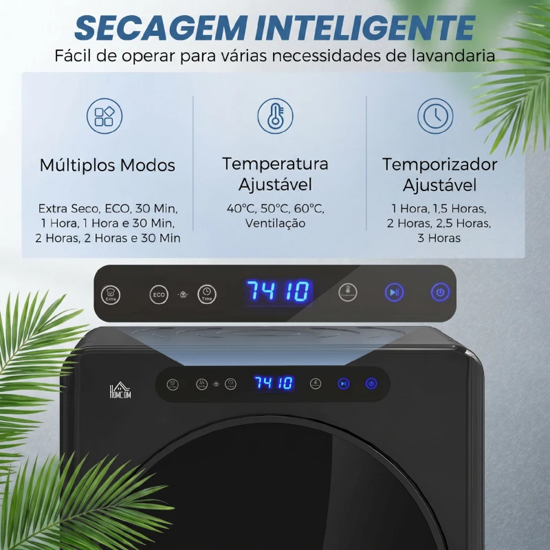 HOMCOM Máquina de Secar Roupa 3 KG 1000W Função Anti-Rugas Esterilizar Temporizador Ecrã LED Tátil Preto