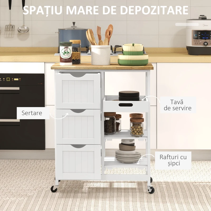 HOMCOM, Carucior de bucatarie, Cu 3 Sertare, MDF, Lemn de cauciuc, 67 x 37 x 85.5 cm, Alb
