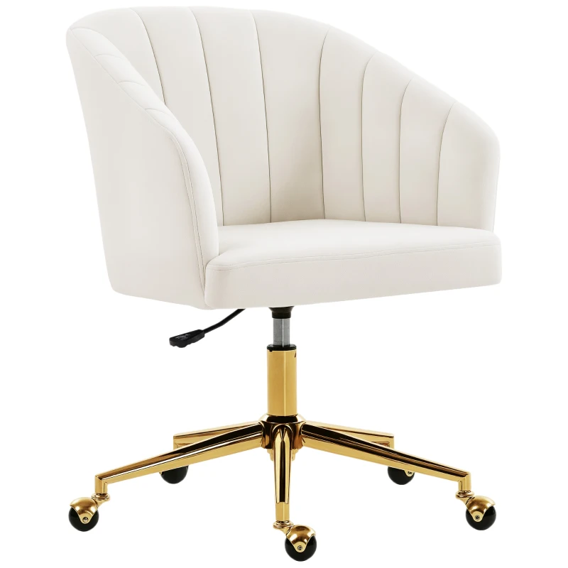 HOMCOM Cadeira de Escritório com Rodas Assento Acolchoado de Veludo Largura Ajustável Espuma de Alta Resiliência 61x60x83,5-92,5 cm Creme