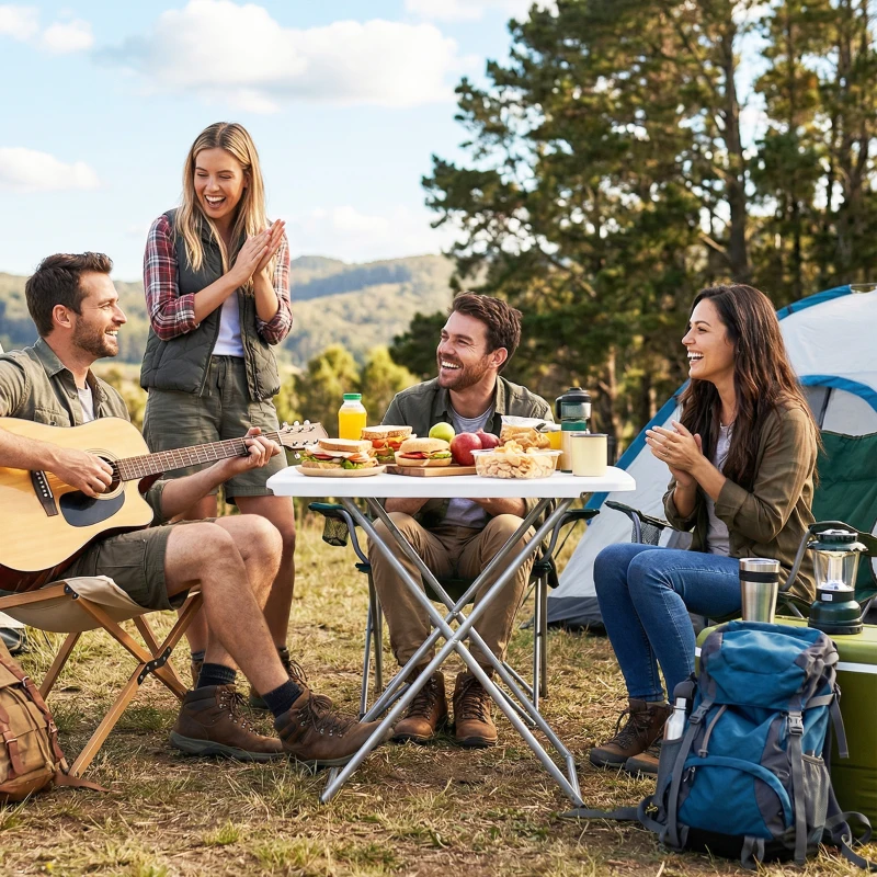Outsunny Mesa Dobrável de Campismo 75x50x73,5 cm com Altura Ajustável em 5 Níveis com Bancada em HDPE e Estrutura Metálica Branco