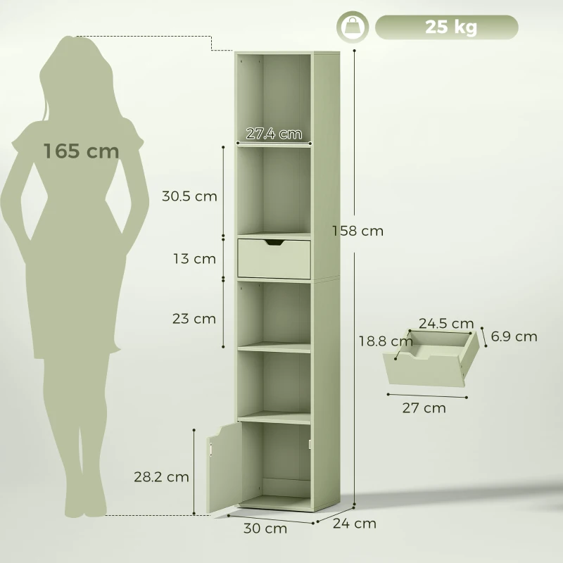 HOMCOM 6-Tier Bookcase, Tall Narrow Bookshelf with Drawer and Door - Green