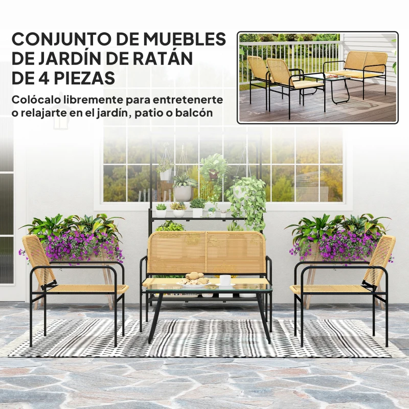 Outsunny Conjunto de Muebles Jardín Exterior de Ratán de 4 Piezas con Sofá Sillones y Mesa de Tablero de Vidrio Natural