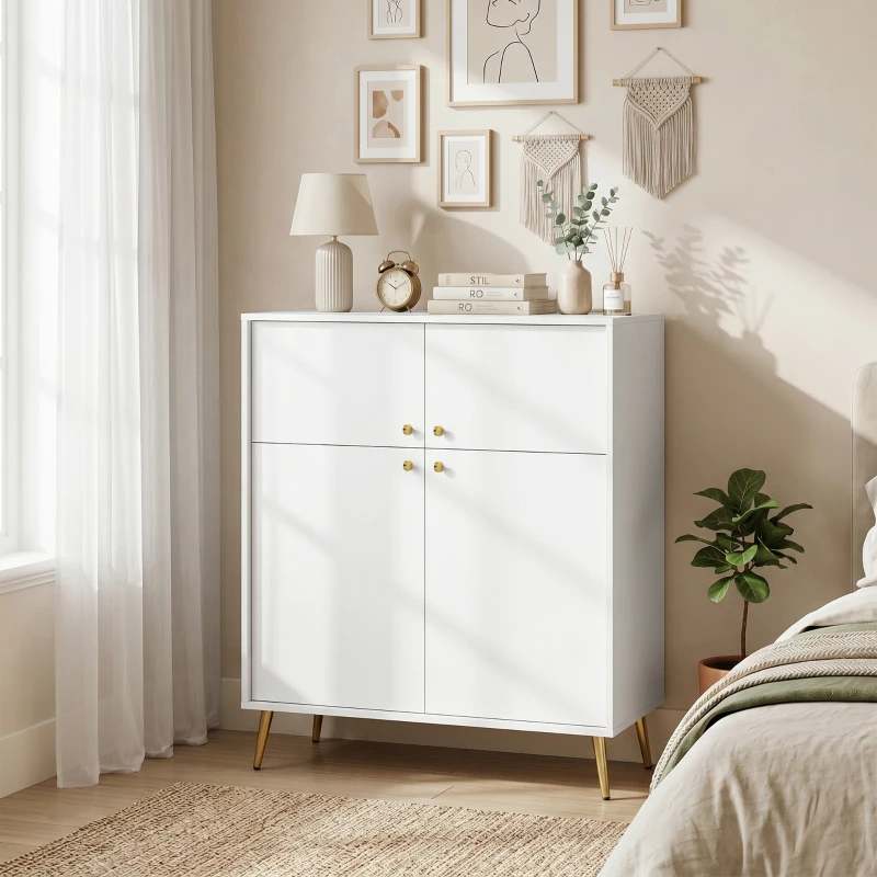HOMCOM Aparador moderno, buffet de 105,4 cm con 4 puertas de cierre suave y patas metálicas, para comedor y cocina, blanco crema